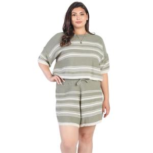 Оливковый полосатый вязаный короткий топ с короткими рукавами и комплект с шортами на высокой талии TRUEDAMES