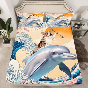Erosebridal Комплект постельного белья Funny Dog с японским принтом океанских волн и дельфинов, Beige Navy Grey Brown