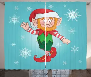 Штора ABAKUHAUS Эльф в деревенском стиле, Человек, гном и снежинки, присборенная тесьма для спальни с петлями и крючками, 280 x 225 см, темно-розовая с разноцветным узором Abakuhaus