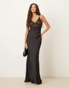 Платье VRG GRL из атласа с кружевными бретельками, удлиненное, черного цвета