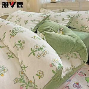 Yalu Комплект постельного белья из флисового молочного вельвета (простыня 120 см, пододеяльник 150х200 см), цвет Xiancao, утепленный