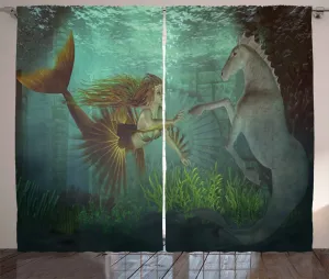 Штора ABAKUHAUS бирюзового цвета в деревенском стиле, Русалка с морским коньком, универсальная ленточная штора для гостиной с петлями и крючками, 280 x 175 см, цвет: желто-зеленый, аквамарин Abakuhaus