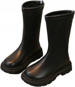 Детские зимние сапоги для девочек, полусапожки до середины икры, с верхом из искусственной кожи, задняя молния, подошва с протектором, модная обувь для маленьких и больших детей Generic, Black