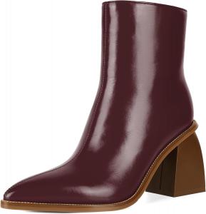 Женские средние сапоги Esvowido до середины икры с высоким каблуком 3,5 дюйма, заостренным носком и массивным каблуком, короткие ботильоны с боковыми молниями для работы, свиданий и вечеринок, Burgundy