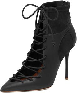 Женские модные ботильоны FYS с заостренным носком, шнуровкой, вырезами, каблуком-стилетто, короткие ботиночки с задней молнией, пэчворк, для платья, осень-лето, размеры US 4-15, Black