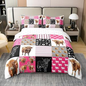 Erosebridal Комплект постельного белья Highland Cow из 100% хлопка с принтом в стиле кантри и клеткой буффало в ярко-розовых тонах, Black White Hot Pink
