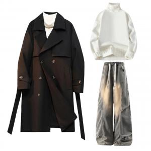 Повседневный спортивный костюм Unisex с лацканами, утолщенный и с флисовой подкладкой X1617, черный trench coat+белый sweater+желтый mud jeans