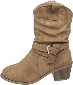 Женские ботильоны средней высоты с скошенным толстым каблуком, замшевые ковбойские комфортные ботинки, западные ботильоны на низком каблуке, носка сверху ZPLMIDE, Khaki