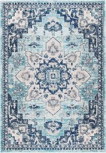Ковер SAFAVIEH, 67 x 122 см, Madison Collection, Teal & Navy, медальонный состаренный дизайн, не линяет и прост в уходе, идеален для помещений с высокой проходимостью: прихожая, гостиная, спальня (MAD473K)