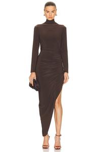Платье Norma Kamali Long Sleeve Turtleneck Side Drape Gown, цвет Chocolate