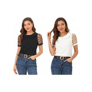 Комплект из 2 комплектов женских винтажных блузок с сетчатыми рукавами в горошек и воротником Питера Пэна, с короткими рукавами ALLEGRA K, цвет Black White