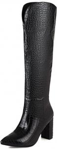 Женские сапоги Yolkomo до колена с острым носком, на массивном каблуке, кожаные зимние сапоги на молнии, Black Crocodile