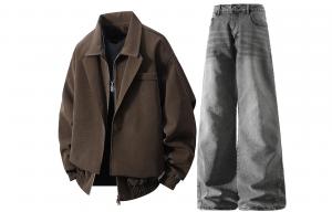 Повседневная спортивная одежда Unisex с лацканом Lapel Moderate X1617, coffee top+черный серый pants fleece-lined