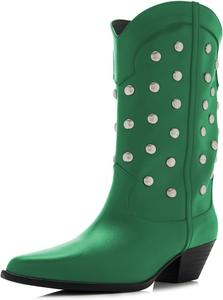 Женские ботинки FOWT в ковбойском стиле с заклепками, низким широким каблуком, заостренным носком, на молнии, повседневные короткие ботинки, размеры 4-16 США, Green