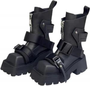 Женские ботинки на массивном каблуке с застежкой-молнией спереди, панк Y2K, квадратный носок, регулируемая пряжка, ботинки-рейдеры до щиколотки ZQW, Black