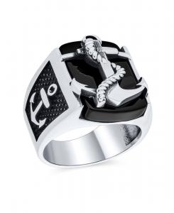 Большое кольцо-печатка из натурального черного оникса в виде якоря и веревки, серебро 925 пробы Bling Jewelry, Black onyx