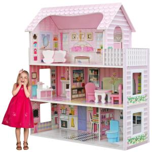 Деревянный кукольный домик, большая розовая светодиодная вилла с мебелью и оборудованием MINEXO