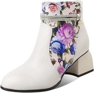 Женские ботильоны TinaCus ручной работы из натуральной кожи с этническим цветочным принтом, заостренным носком, средней массивной подошвой и боковой молнией, Beige