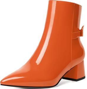 Женские ботильоны MODENCOCO с молнией, стильное платье, свадебные, заостренный носок, бант, лакированные, массивный низкий каблук, 5 см, Orange