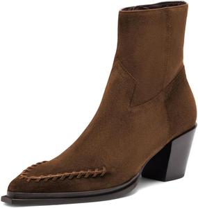 Женские западные ботильоны XYD с остроконечным носком, строчкой, массивным каблуком и боковой молнией, модные туфли, Tortoise