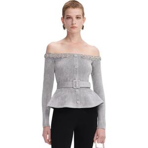 Топ с поясом и декором Self portrait Self-portrait, светло-серый