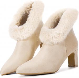 Женские ботильоны Trakxy с искусственным мехом на щиколотке, поддельная замша, массивный каблук, заостренный носок, молния, короткие нарядные ботинки, Apricot