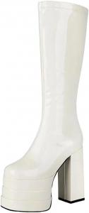 Женские глянцевые кожаные сапоги до колена с двойной платформой, толстым каблуком и боковой молнией, увеличивающие рост Generic, White