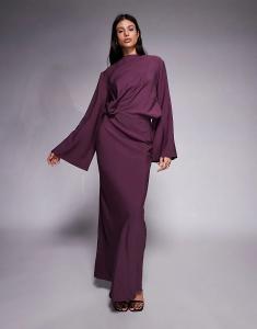 Платье макси ASOS DESIGN Tall с длинными рукавами, защипами на талии и косой талией, сливового цвета - БОРДОВЫЙ