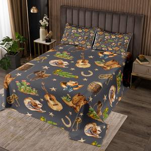 Erosebridal Винтажный комплект постельного белья Western Cowboys с тематикой ковбоев, гитар и кактусов, Gray Brown Green