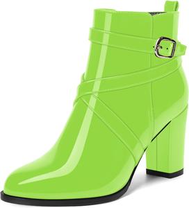 Женские ботильоны MODENCOCO осень-зима с застежкой, модные, из лакированной кожи, с круглым носком, на высоком блочном каблуке 3,5 дюйма, Lime Green