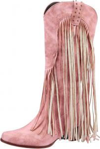 Женские ковбойские сапоги IWIHMIV, западные ботильоны с заостренным носком, низким массивным каблуком, кисточками, на широкую икру, высокие сапоги, Pink