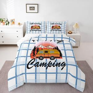 Erosebridal Комплект постельного белья Happy Camping для детей, синий клетчатый дизайн с мультяшными мотивами, White Blue Orange