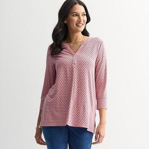 Туника Petite с 3/4 рукавом и разрезом на горловине Croft & Barrow, Pink Mini Tile