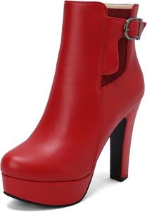 Женские ботильоны на платформе с каблуком, круглым носком и пряжкой Renessmi, Red 3