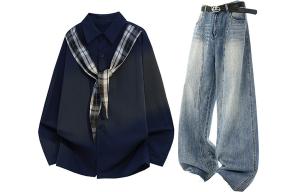 Повседневная спортивная одежда Unisex с лацканом Lapel Moderate X1617, темно-синий long-sleeved shirt+синий pants