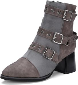 Женские ботильоны с блок-каблуком, заостренным носком и пряжкой в стиле панк Renessmi, Grey 2