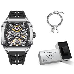 Стальной механический хронограф с силиконовым ремешком Мужские часы Черный циферблат STARKING, AM0535SJ52