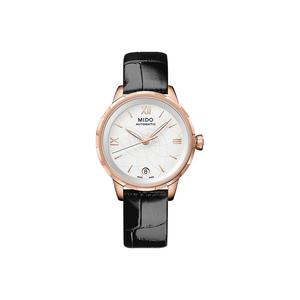 MIDO Часы Rainflower Floral Collection Mechanical Movement Women's Watch 34mm Gold Dial Stainless Steel Case Leather Strap, White Dial Black Strap