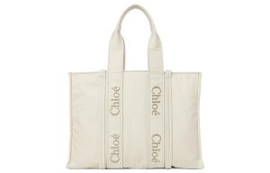 Chloé Сумка-шоппер Chloe Woody из переработанного нейлона, шоппер, сумка через плечо, женская сумка-тубус цвета слоновой кости и серого