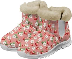 Женские теплые зимние ботинки с меховой подкладкой, снежные ботинки, слипы на щиколотку, уличные нескользящие короткие ботинки, удобная обувь, размер US 6-12 Qoiuvncy, Strawberryies Print