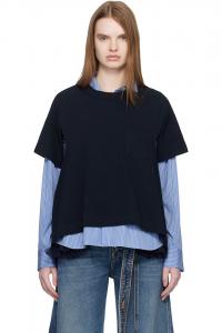 Sacai Футболка из легкого денима и хлопкового трикотажа темно-синего цвета