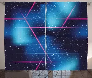 Шторы ABAKUHAUS в стиле рустик, темно-синие с румянами, ретро-футуристические, универсальные, с петлями и крючками, для гостиной, 280 x 245 см, цвет: индигово-синий, ярко-розовый