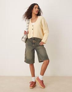 Плотницкие шорты Dickies из денима цвета индиго с желтым выцветанием