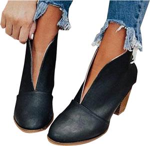 No Brand Женские ботильоны Hbeylia с вырезом V, на мягкой подошве, модные повседневные, из цельной кожи, с круглым носком, на массивном высоком каблуке, короткие ботинки для женщин (черный, 7,5)