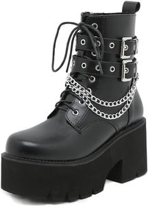 Женские ботильоны на массивном каблуке с платформой, готические боевые ботинки на высоком каблуке, короткие ботинки с заклепками, пряжкой и шнуровкой, панк-бутсы ZPRGZPG, Black-4