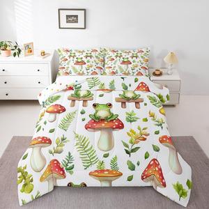 Erosebridal Комплект постельного белья Kids Frog с мультяшными лягушками и грибами, зеленый ботанический принт, легкий на все сезоны, Green Red