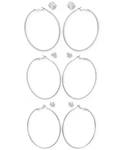 Комплект из 6 серег-гвоздиков и текстурированных колец серебристого оттенка с кристаллами Guess, silver