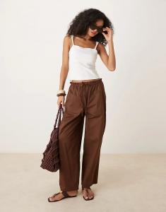Коричневые брюки из хлопка Mango с завязкой на талии