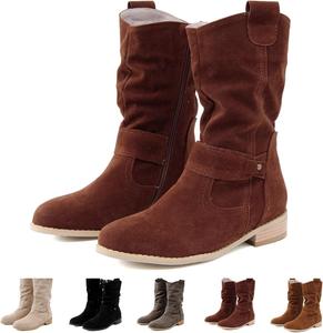 Женские ковбойские ботинки на низком каблуке, замшевые ботильоны на толстом каблуке, свободного фасона с боковой молнией Generic, Dark Brown