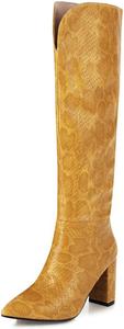 Женские сапоги Yolkomo до колена с острым носком, массивным каблуком, кожаные зимние сапоги на подъем, Yellow Snakeskin
